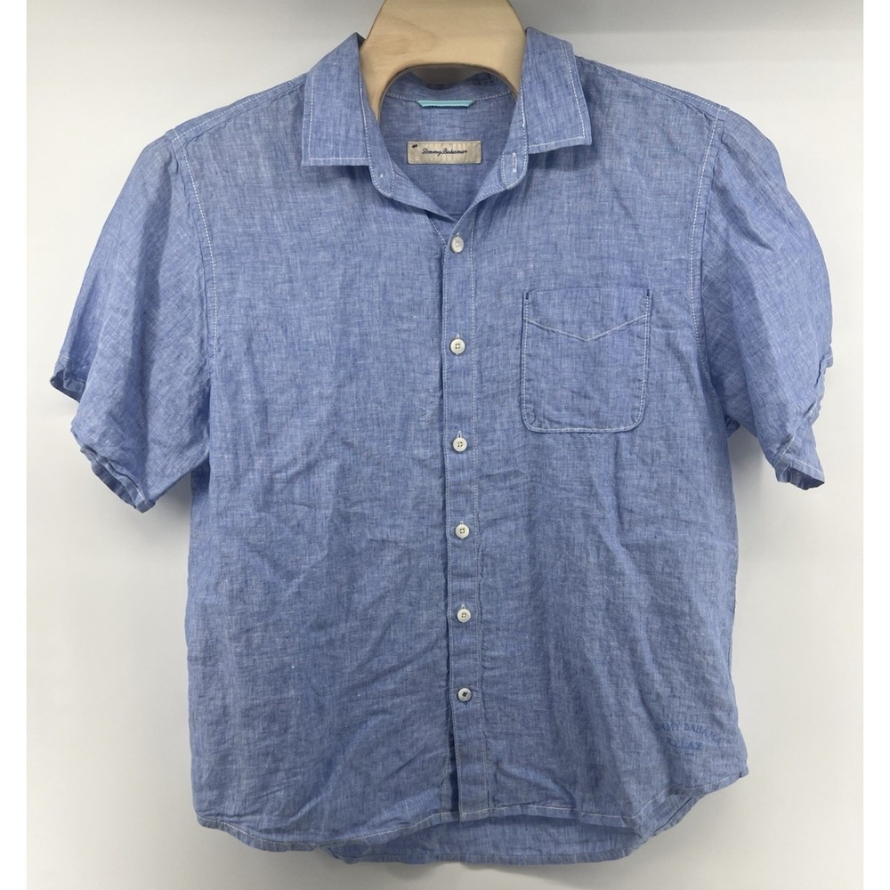 Tommy Bahama XL Linen Button Front Camp Shirt Heather Blue Short Sleeved
